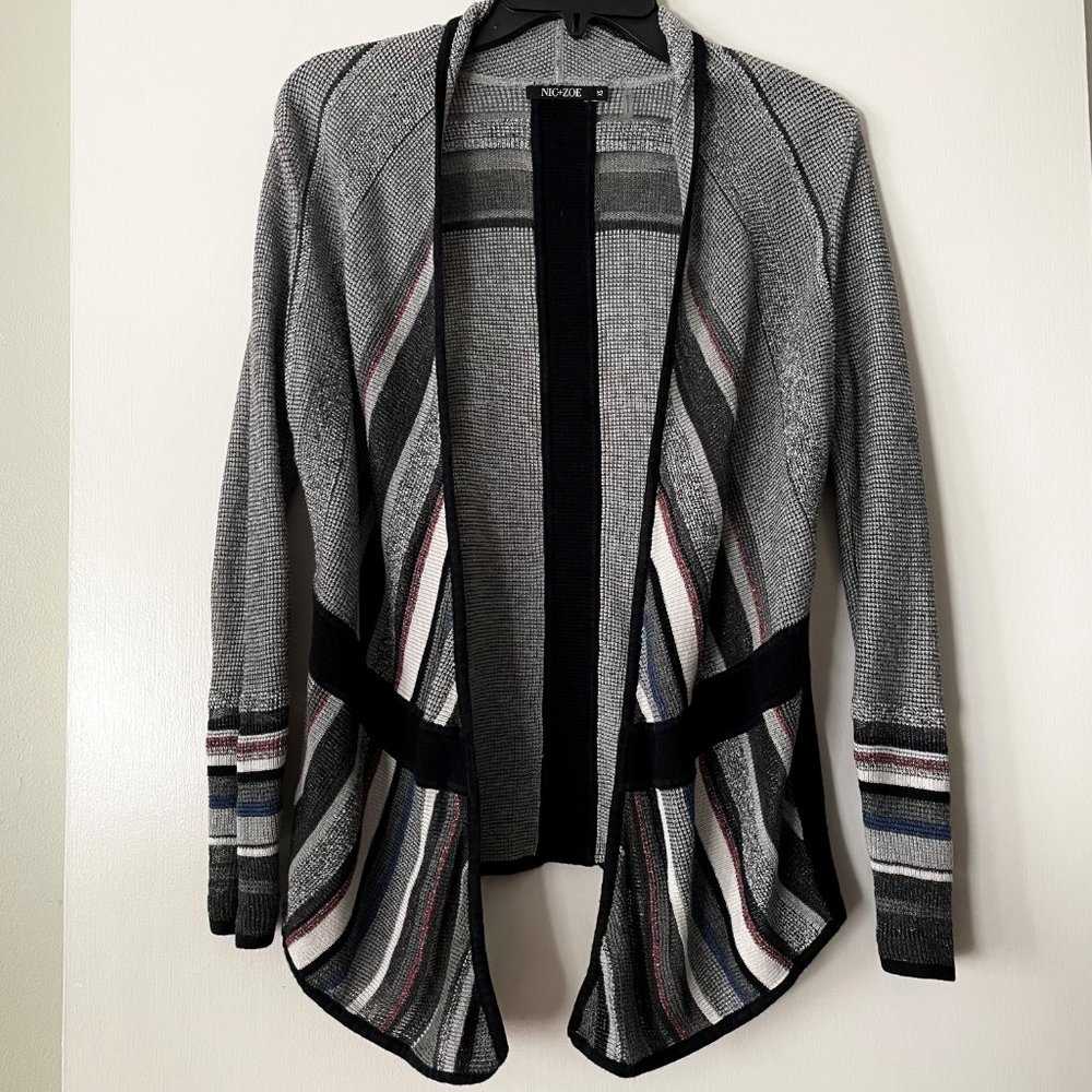 NIC+ZOE Gray/Black Textured Stripe Long Sleeved Open Front Cardigan Sweater XS